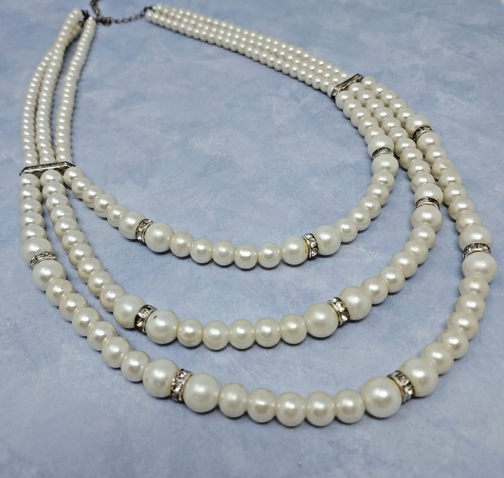 Vintage 3 Strand Faux Pearl Necklace Rhinestone Accents 22" Graduated to 10mm